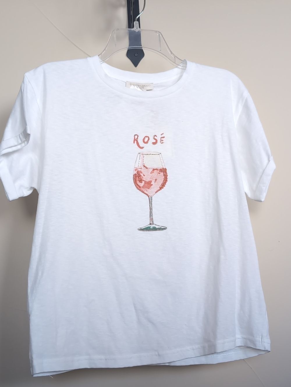Christian Siriano White T-Shirt with Rose Wine Glass Sequin Graphic Size M NWT